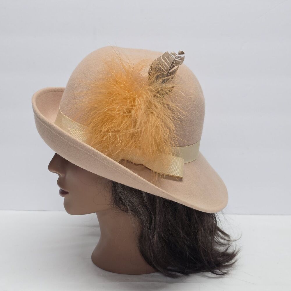 Vintage Lancaster Womens Beige Wool Fedora Cloche Hat Feather Accent 50s 60s
